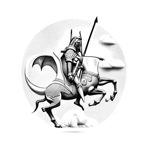 Saint George on top of a horse, thrusting a spear into a dragon tattoo design idea