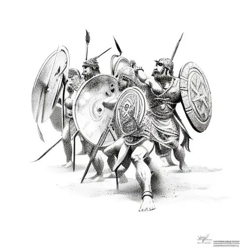 An intense battle scene between Greek gods and Trojan warriors tattoo design idea