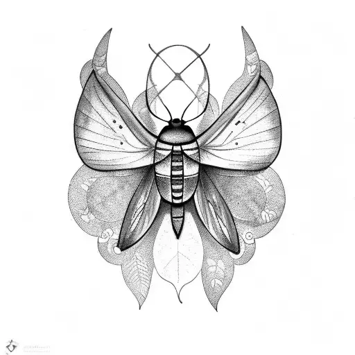 lunar moth perched on a branch with leaves tattoo design idea