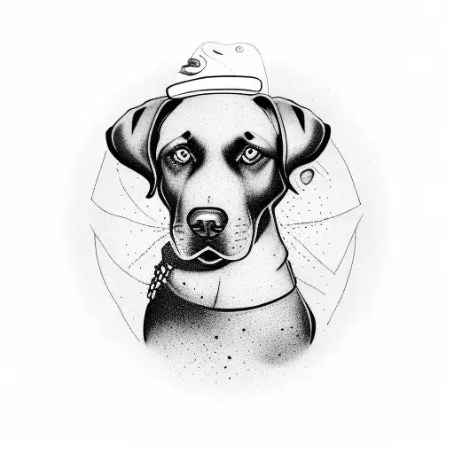 Create a tattoo featuring your son playing baseball with your black lab dog in a blackwork style tattoo design idea