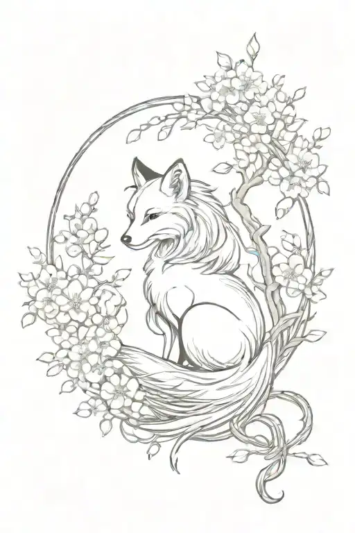 9 tailed foxs Crescent moon with cherry blossom tree tattoo design idea