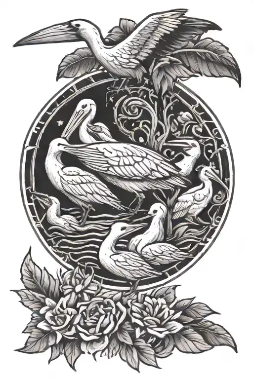 Jesus depicted as the Pelican feeding his children with his own blood tattoo design idea