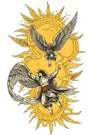 Icarus falling from sky filled with sun rays tattoo design idea