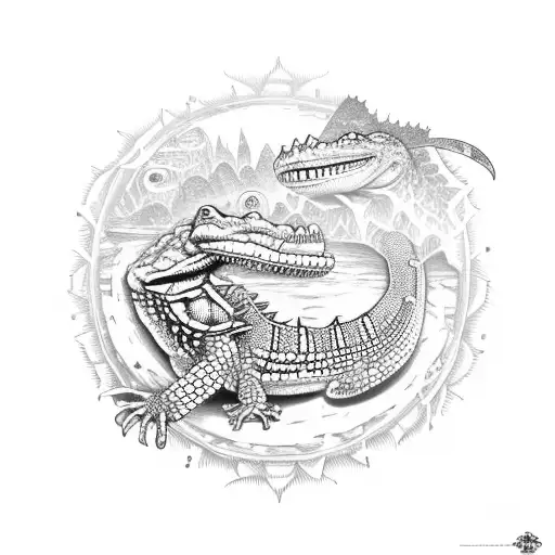king gizzard and the lizard wizard alligator in front of an 11 spoke wheel tattoo design idea