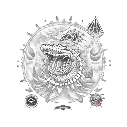 king gizzard and the lizard wizard alligator in front of an 11 spoke wheel tattoo design idea