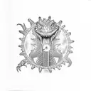 king gizzard and the lizard wizard alligator in front of an 11 spoke wheel tattoo design idea