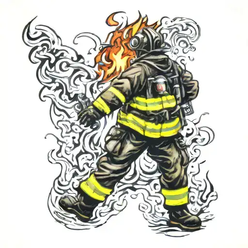 A tattoo design of a fierce firefighter dancing with flames around them tattoo design idea