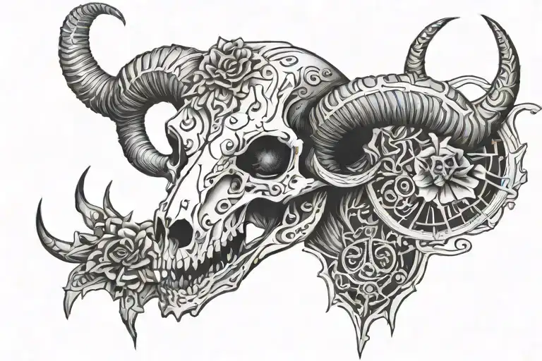 demonic goat skull and black elements tattoo design idea