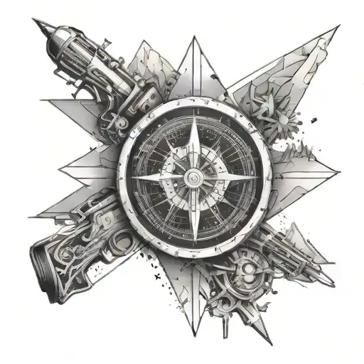 An abstract design of a compass merging with a mountain range, surrounded by an array of different guns and hiking gear tattoo design idea