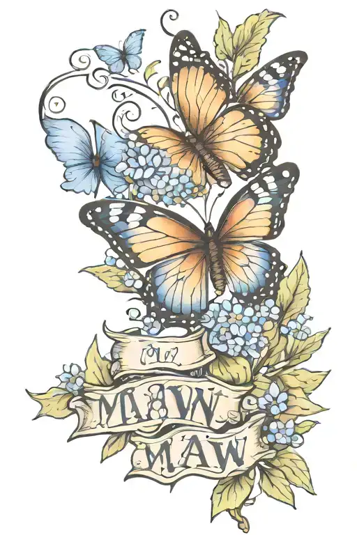 the word 'maw maw' with bluebonnets and a butterfly tattoo design idea