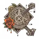 Create a minimalist tattoo design that incorporates elements of trap music, gaming, and cryptocurrency symbols tattoo design idea