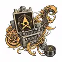 Create a minimalist tattoo design that incorporates elements of trap music, gaming, and cryptocurrency symbols tattoo design idea