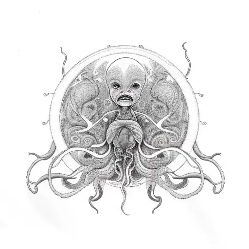Stencil of a bioorganic tattoo of an alien baby being gestated amidst tentacles. tattoo design idea