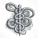 Combine the letters A J and M with the Rod of Asclepius to represent medicine and loyalty tattoo design idea