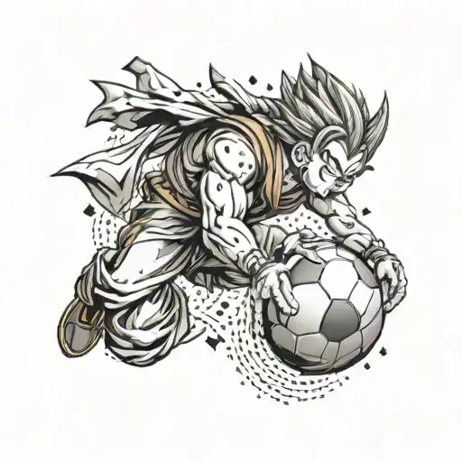 A dragonball z character kicking a football with intricate engineering details tattoo design idea