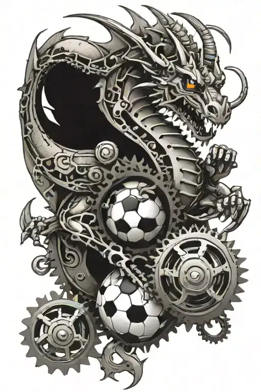 A mechanical dragon playing soccer with gears and cogs as the soccer ball tattoo design idea