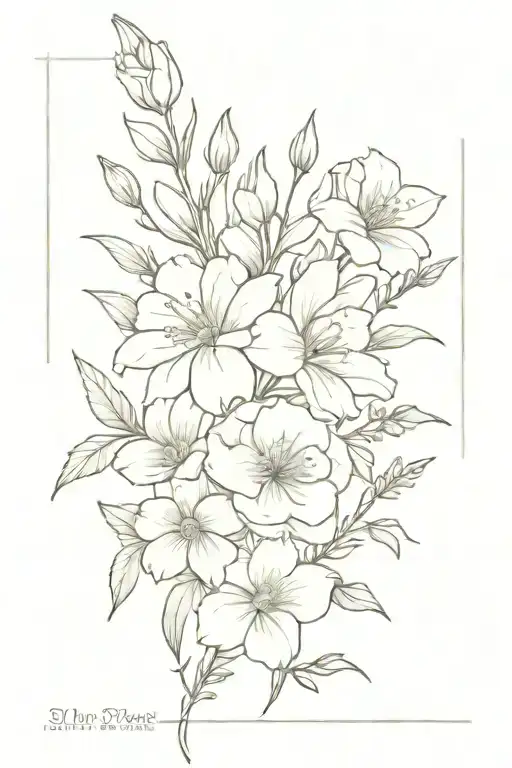 rose, delphinium, daisy and gladiolus flower bouquet  tattoo design idea