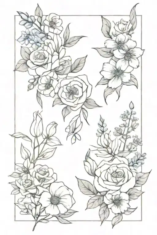 rose, delphinium, daisy and gladiolus flower bouquet wrapped tattoo design idea