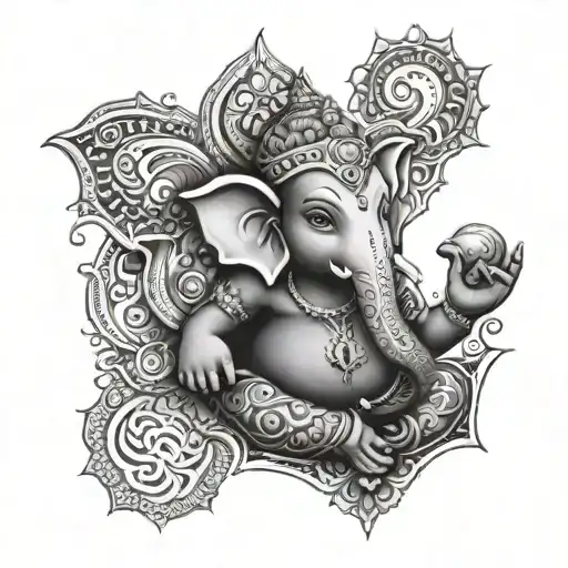 A black-grey tattoo of Ganesha with intricate patterns representing the client's fascination with the deity tattoo design idea
