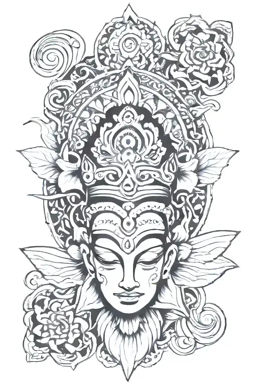 peaceful shivan face merged with temple and lotus and snake  tattoo design idea