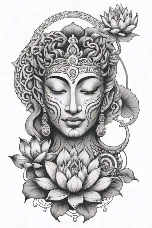 peaceful shivan face merged with temple and lotus and snake  tattoo design idea
