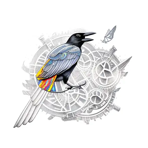 time travelling flying crow tattoo design idea