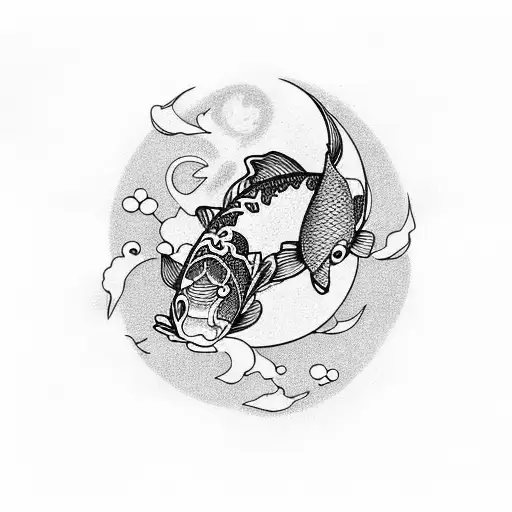 outlined koi fish gracefully swimming in a crescent moon-shaped pool tattoo design idea