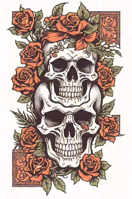 skull with flowers and pine trees tattoo design idea