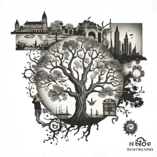 A family tree tattoo with branches reaching out to different landmarks in Perth, Bangkok, and Paris, symbolizing your love for family and travel tattoo design idea