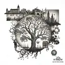 A family tree tattoo with branches reaching out to different landmarks in Perth, Bangkok, and Paris, symbolizing your love for family and travel tattoo design idea