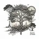 A family tree tattoo with branches reaching out to different landmarks in Perth, Bangkok, and Paris, symbolizing your love for family and travel tattoo design idea