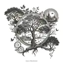 A family tree tattoo with branches reaching out to different landmarks in Perth, Bangkok, and Paris, symbolizing your love for family and travel tattoo design idea