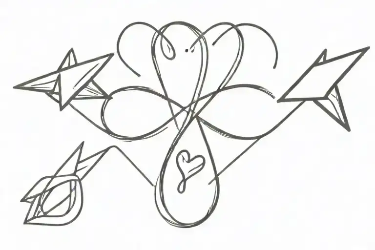 infinity sign with two initials and hearts connected with a paper airplane tattoo design idea