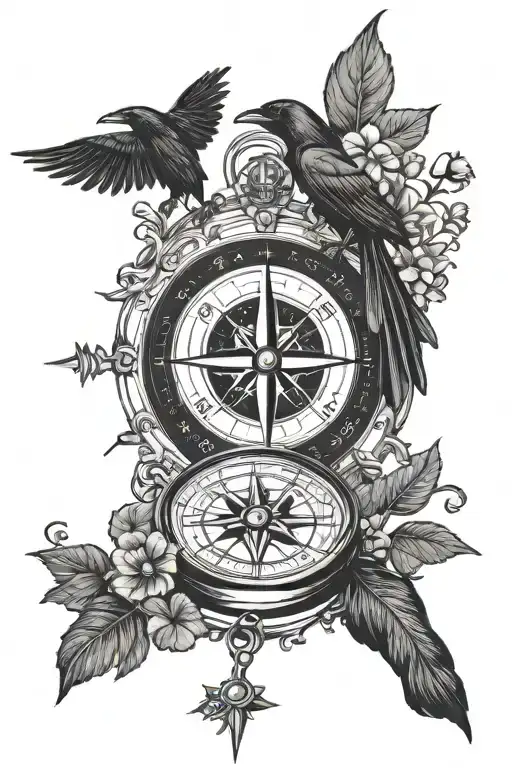 compass, shamrocks, ravens   tattoo design idea