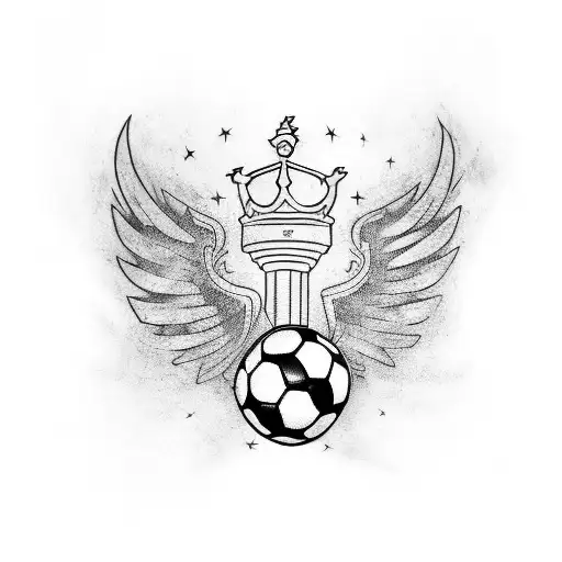 A dynamic blackwork tattoo of a soccer ball with wings and a crown, representing the client's love for futbol and their favorite team Liga de Quito. tattoo design idea