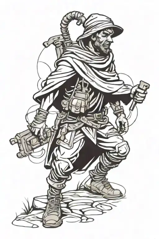 Tattoo of a character from the game Rust dressed in a nomad costume from the game Rust tattoo design idea