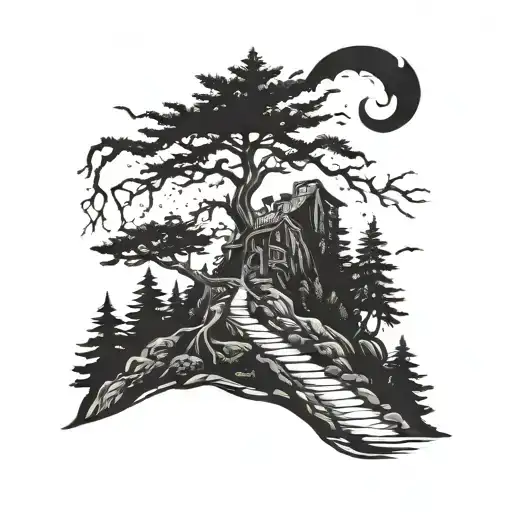 poison tree on a hill surrounded by pine trees, bird flying away from poison tree tattoo design idea