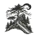 poison tree on a hill surrounded by pine trees, bird flying away from poison tree tattoo design idea