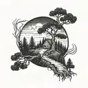 poison tree on a hill surrounded by pine trees, bird flying away from poison tree tattoo design idea