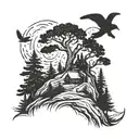 poison tree on a hill surrounded by pine trees, bird flying away from poison tree tattoo design idea