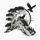poison tree on a hill surrounded by pine trees, bird flying away from poison tree tattoo design idea