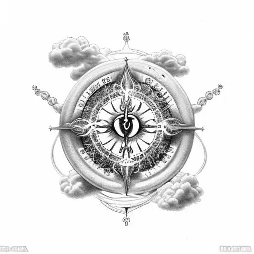 A captivating black-grey tattoo depicting an immaculate heart surrounded by a swirling rosary and adorned with clouds, accompanied by the scripture 'Romans 5:3-5'. tattoo design idea