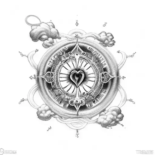 A captivating black-grey tattoo depicting an immaculate heart surrounded by a swirling rosary and adorned with clouds, accompanied by the scripture 'Romans 5:3-5'. tattoo design idea