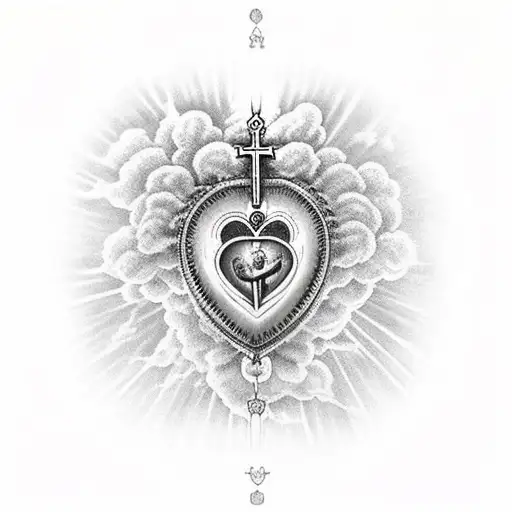 sacred heart with a rosary wrapped around it surrounded by doves with clouds in the background and romans 5:3-5 tattoo design idea