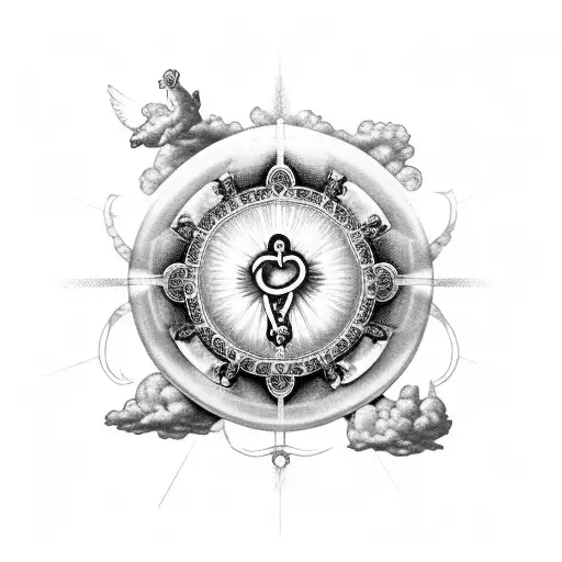 sacred heart with a rosary wrapped around it surrounded by doves with clouds in the background and romans 5:3-5 tattoo design idea