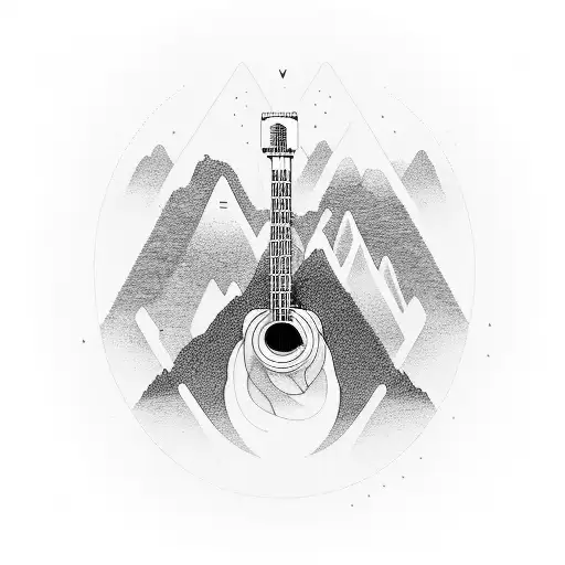 A mountain range formed by soundwaves with a guitar at its peak tattoo design idea