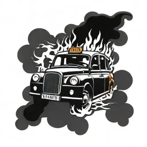 London taxi crashed car on fire tattoo design idea