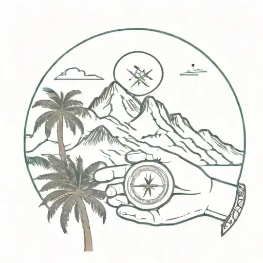 Mountains of Antioquia in the background and main one a wax palm and a small compass, with a letter hanging in the palm tattoo design idea