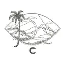 Mountains of Antioquia in the background and main feature is a wax palm, a small compass and a small letter C can be see tattoo design idea