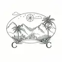Mountains of Antioquia in the background and main feature is a wax palm, a small compass and a small letter C can be see tattoo design idea